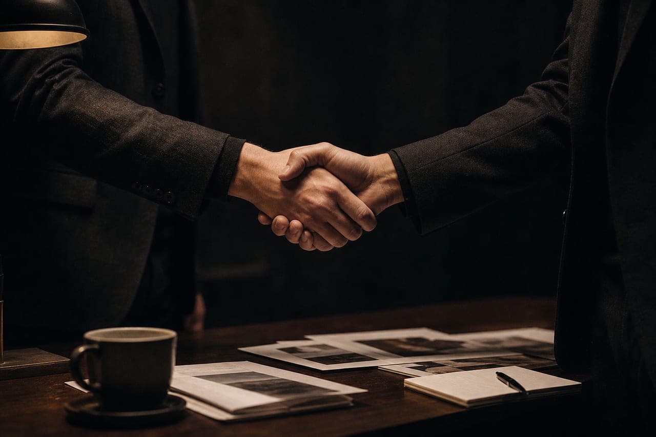 Two partners shaking hands across a studio table, warm lamplight, papers nearby.