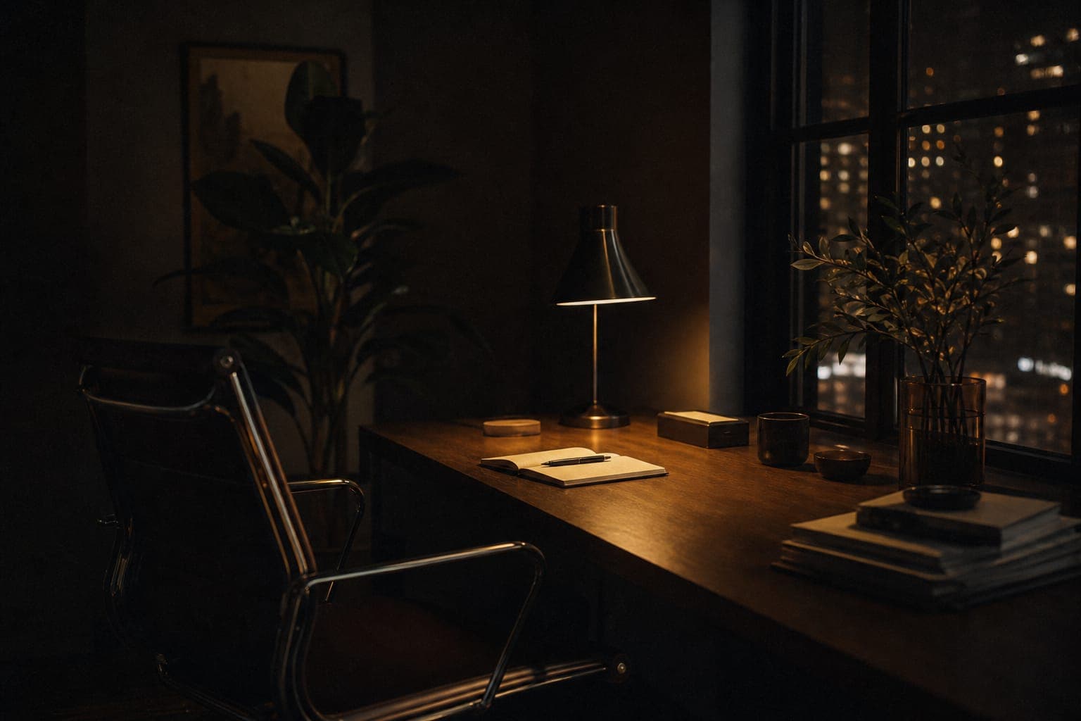 A warm, dark studio desk by a window at night, notebook and lamp ready.