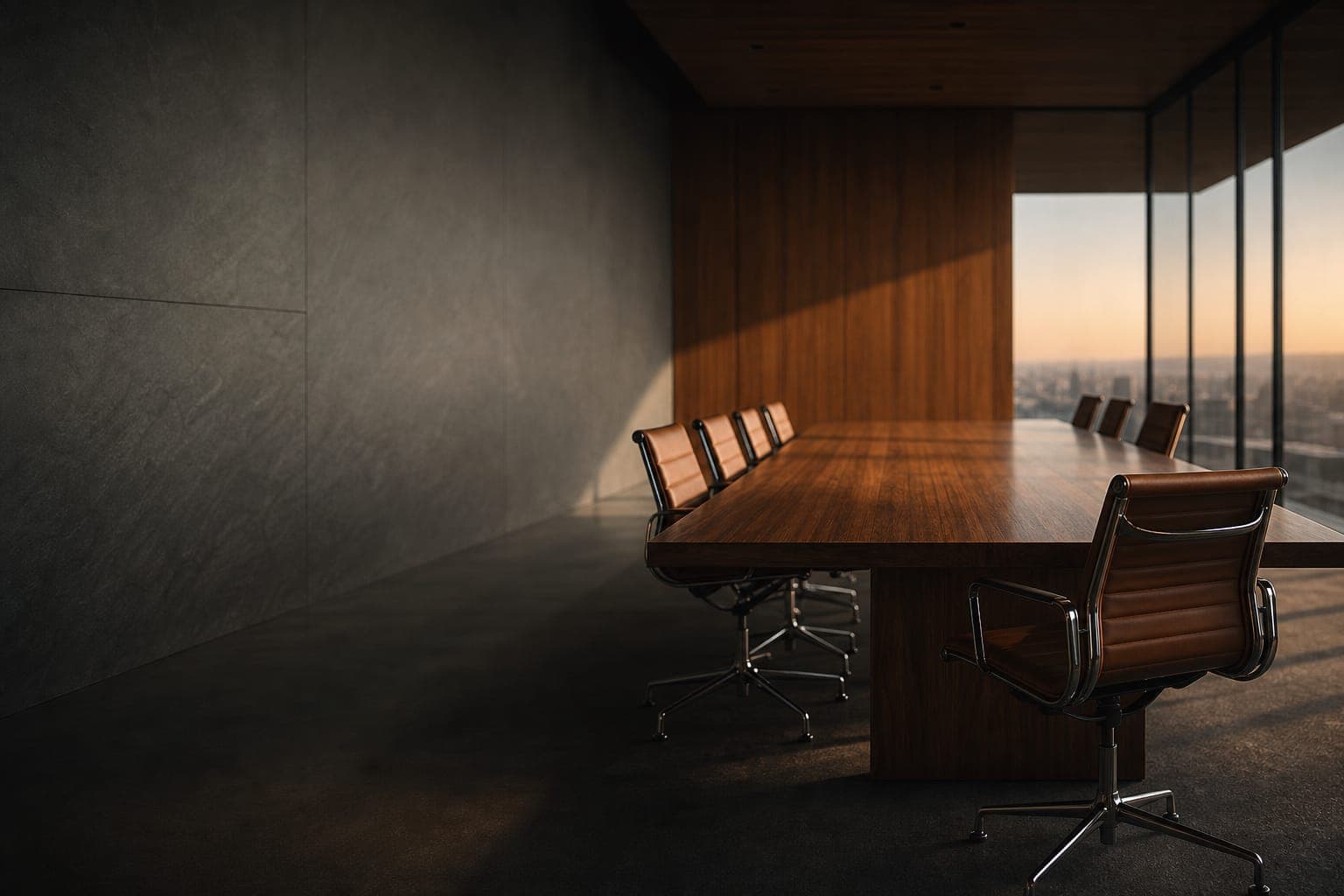 A warm, minimal boardroom with a long wooden table and soft daylight from floor-to-ceiling windows