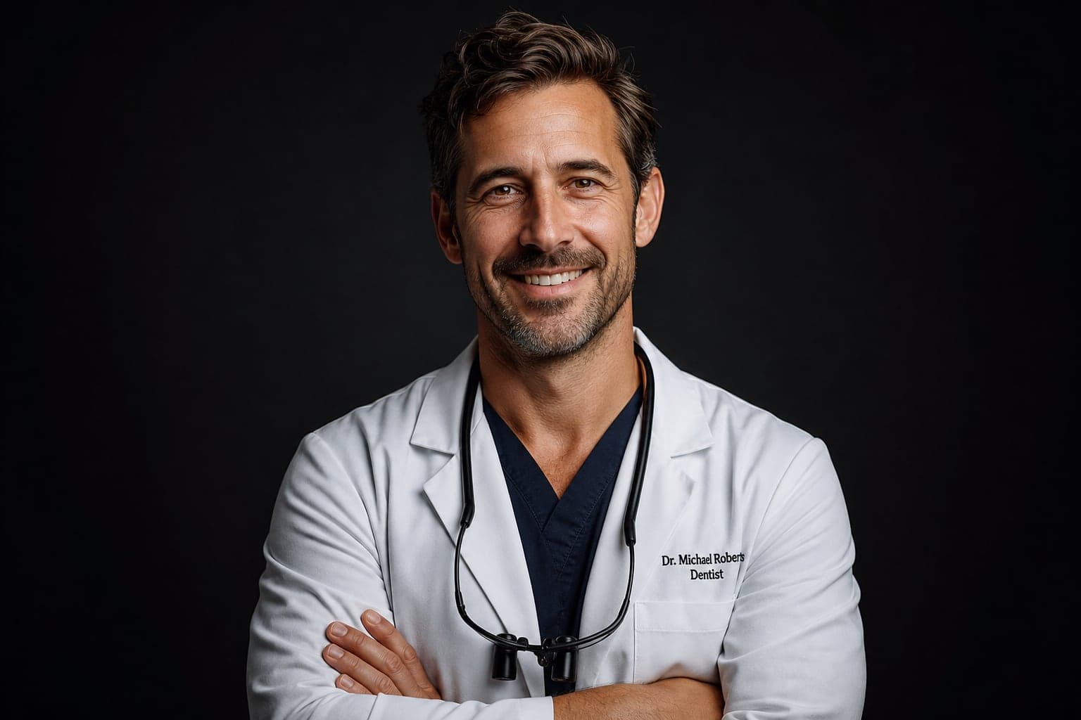 A confident dentist in a white coat with arms crossed.