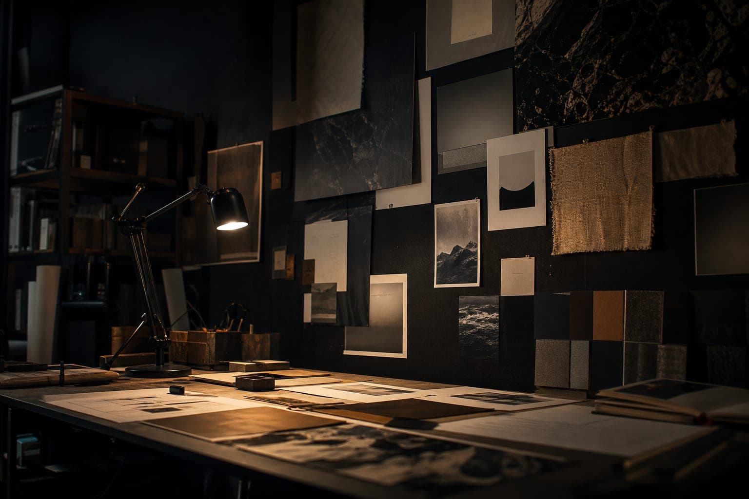 A moody creative studio at night, art boards and swatches under a warm lamp.