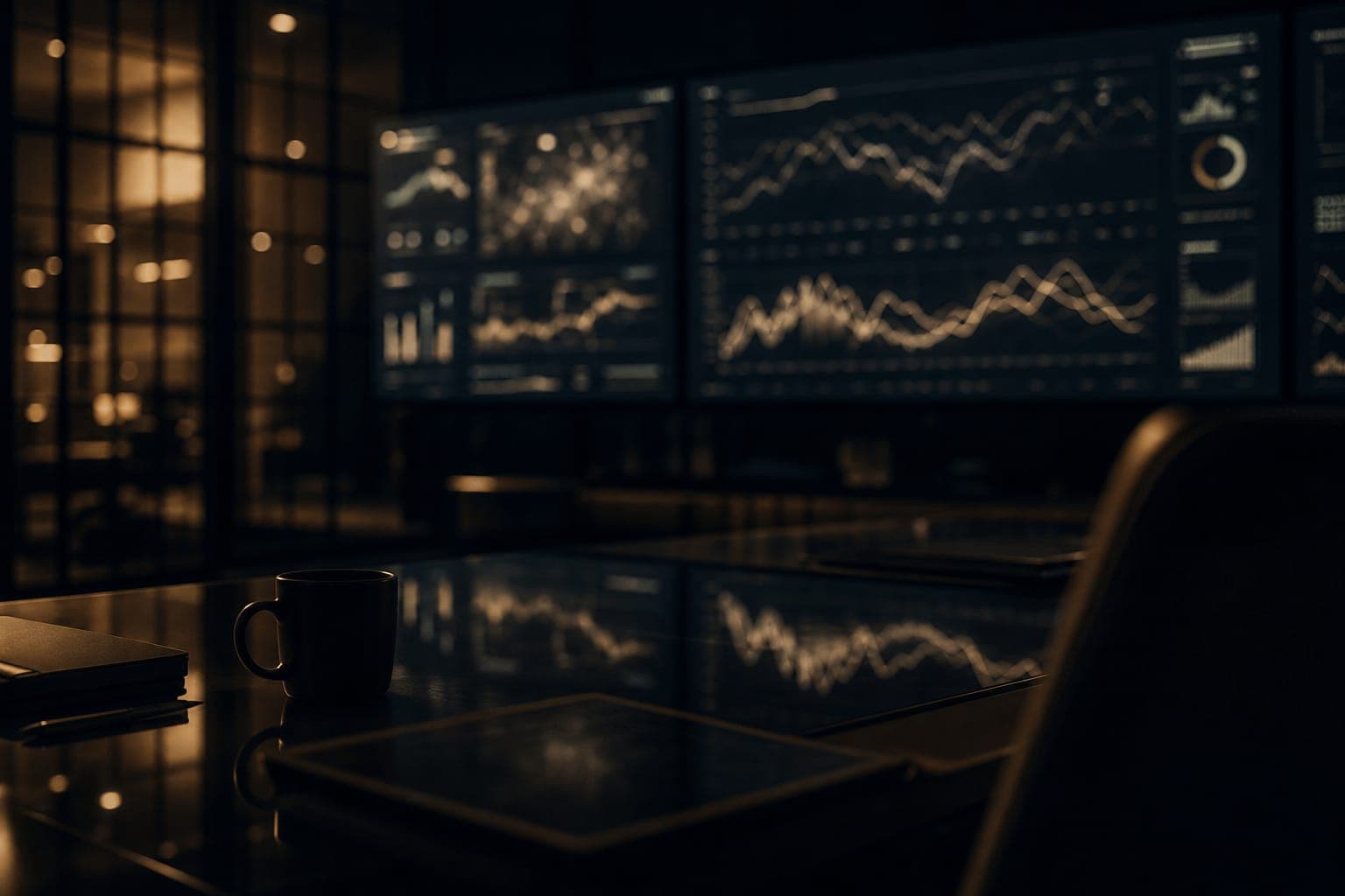 A dim data-operations room at night, dashboards glowing on dark glass.