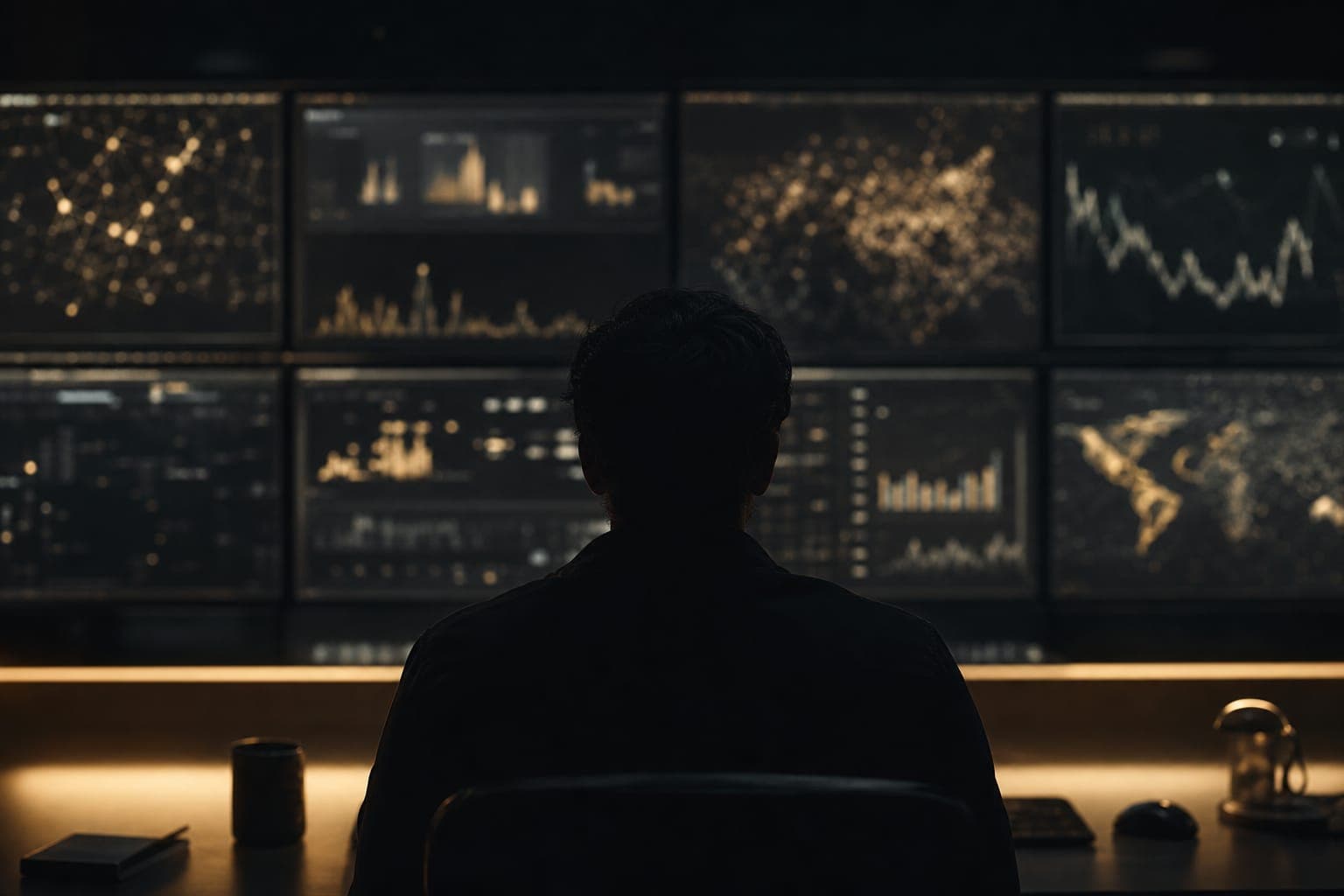 A dark control room, a wall of dim glowing monitors with abstract graphs.