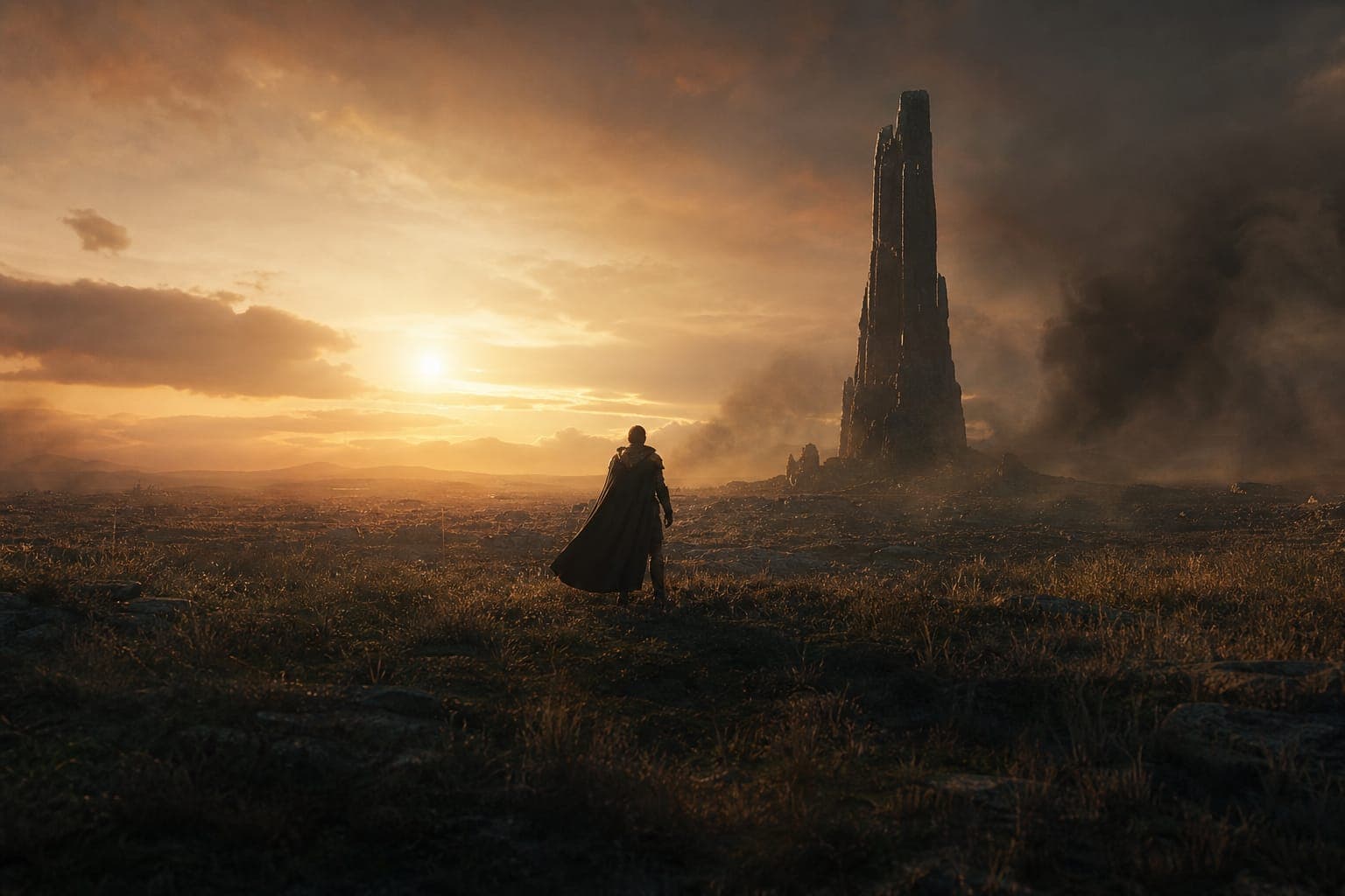 Cinematic AAA game environment, deep saturated palette, hero composition