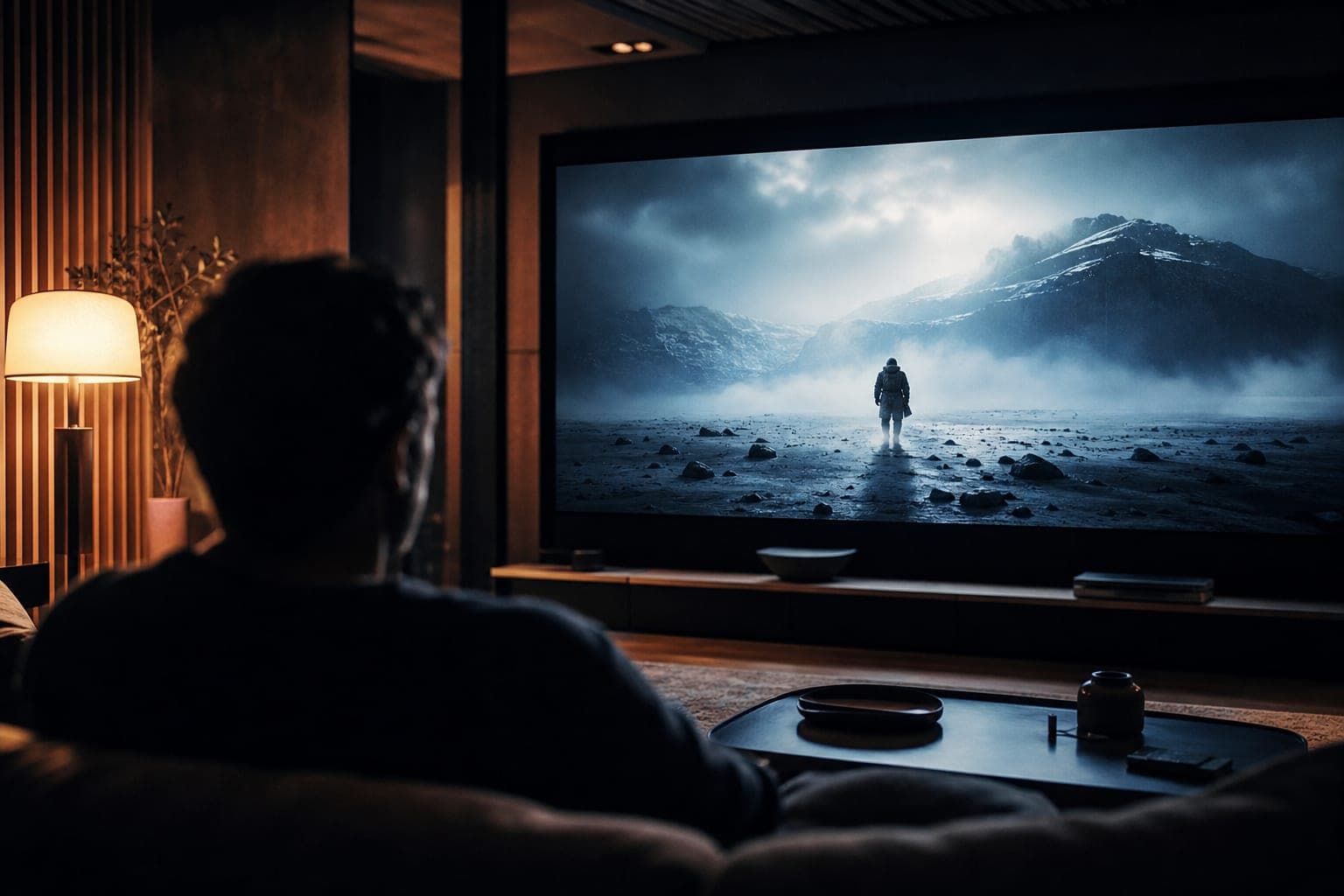 Cinematic home-theater viewing moment, warm key light against a cool screen glow