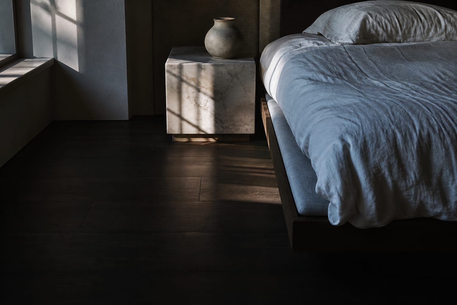 Editorial bedroom interior with warm morning light, Pod product as quiet hero