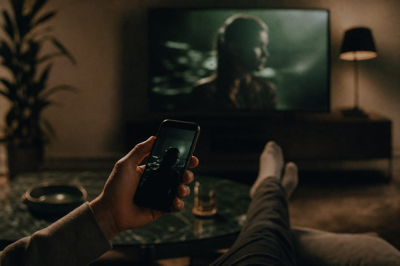Cinematic multi-device streaming moment, moody editorial grade with a single green accent