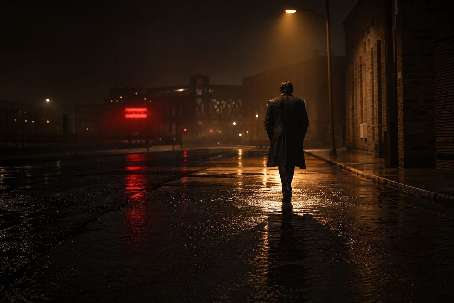 Cinematic franchise environment, moody navy and gold theatrical grade