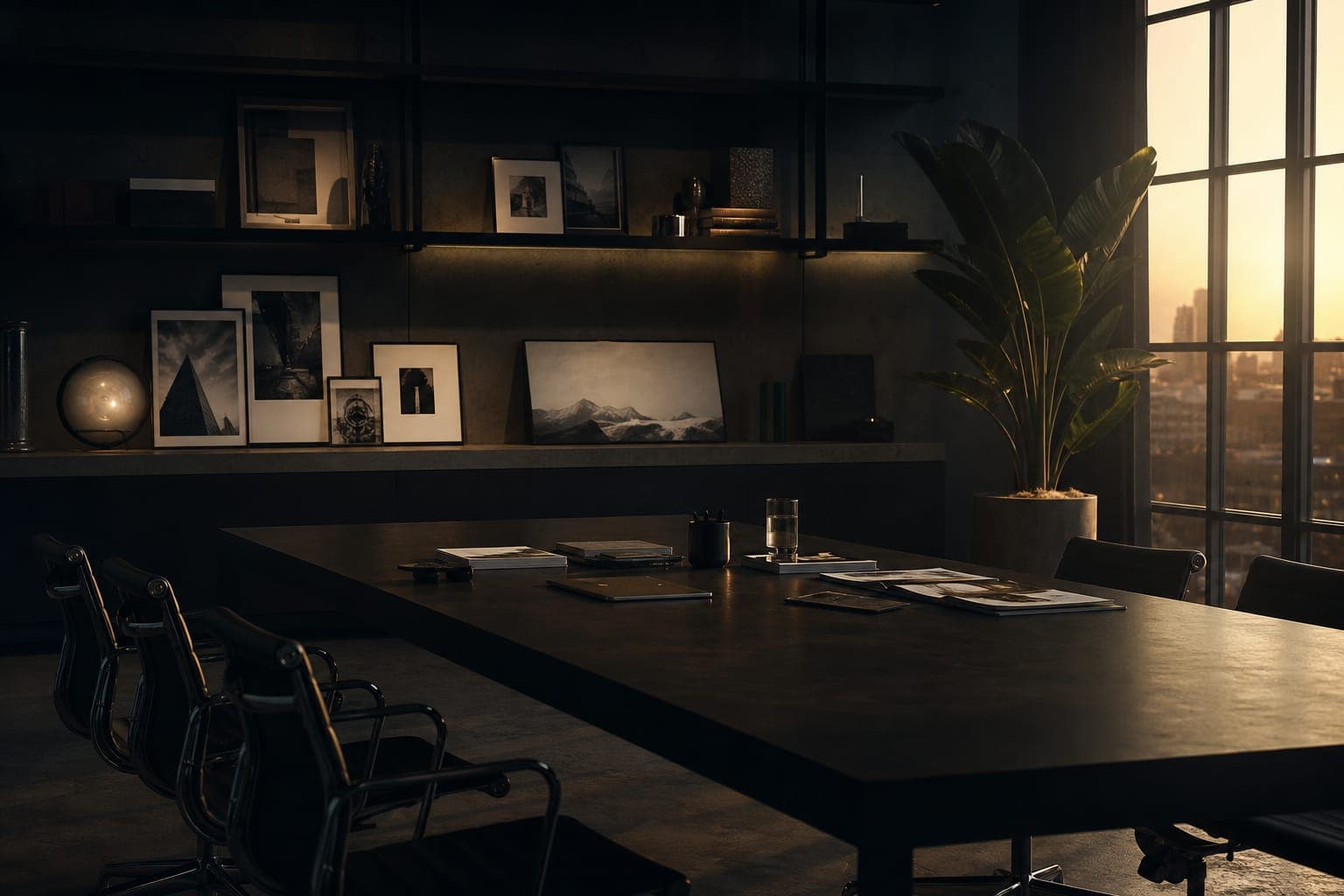 A dark studio boardroom at dusk, framed work on shelves, warm window light.