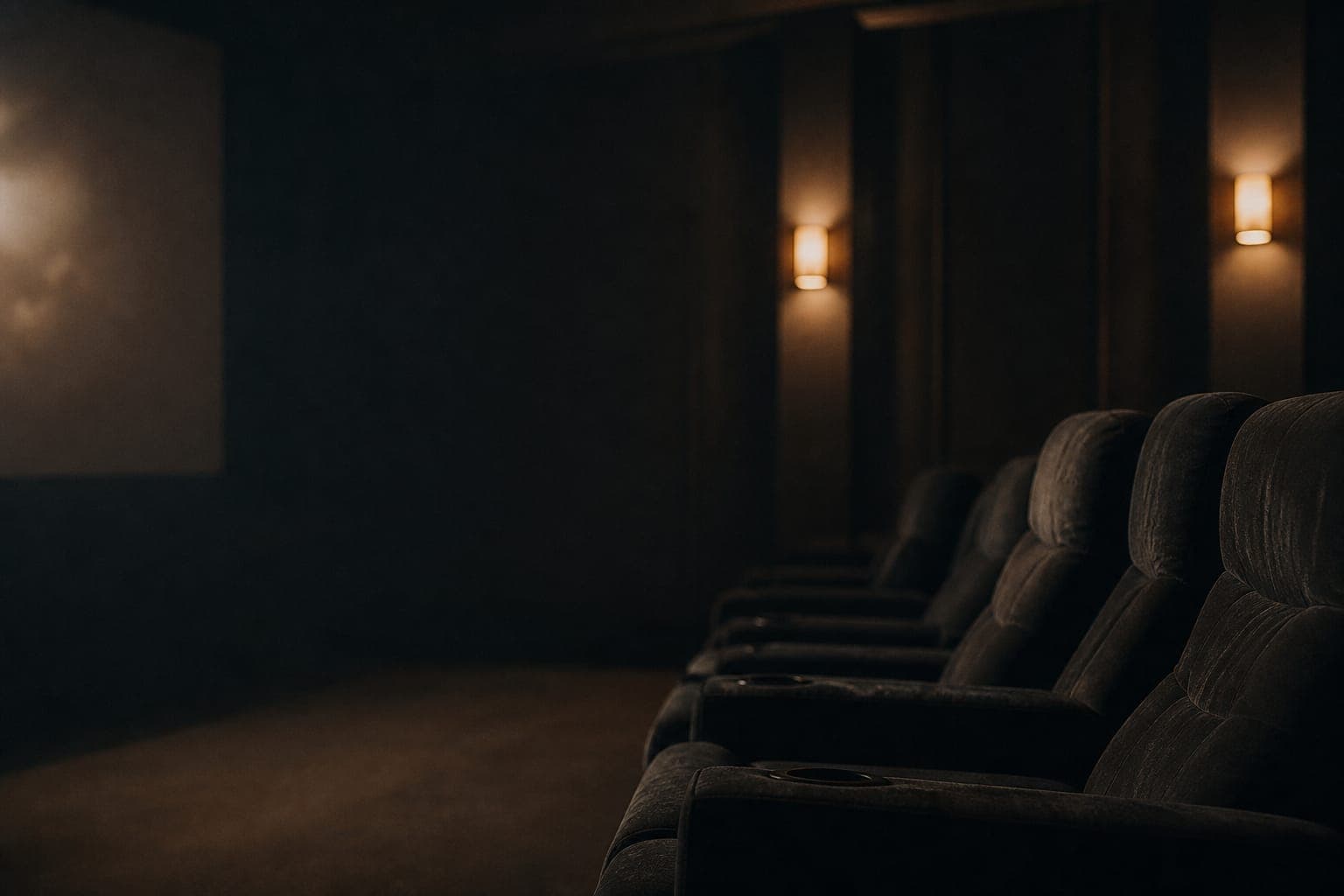 A dim private screening room with rows of dark velvet seats and warm wall-sconce light