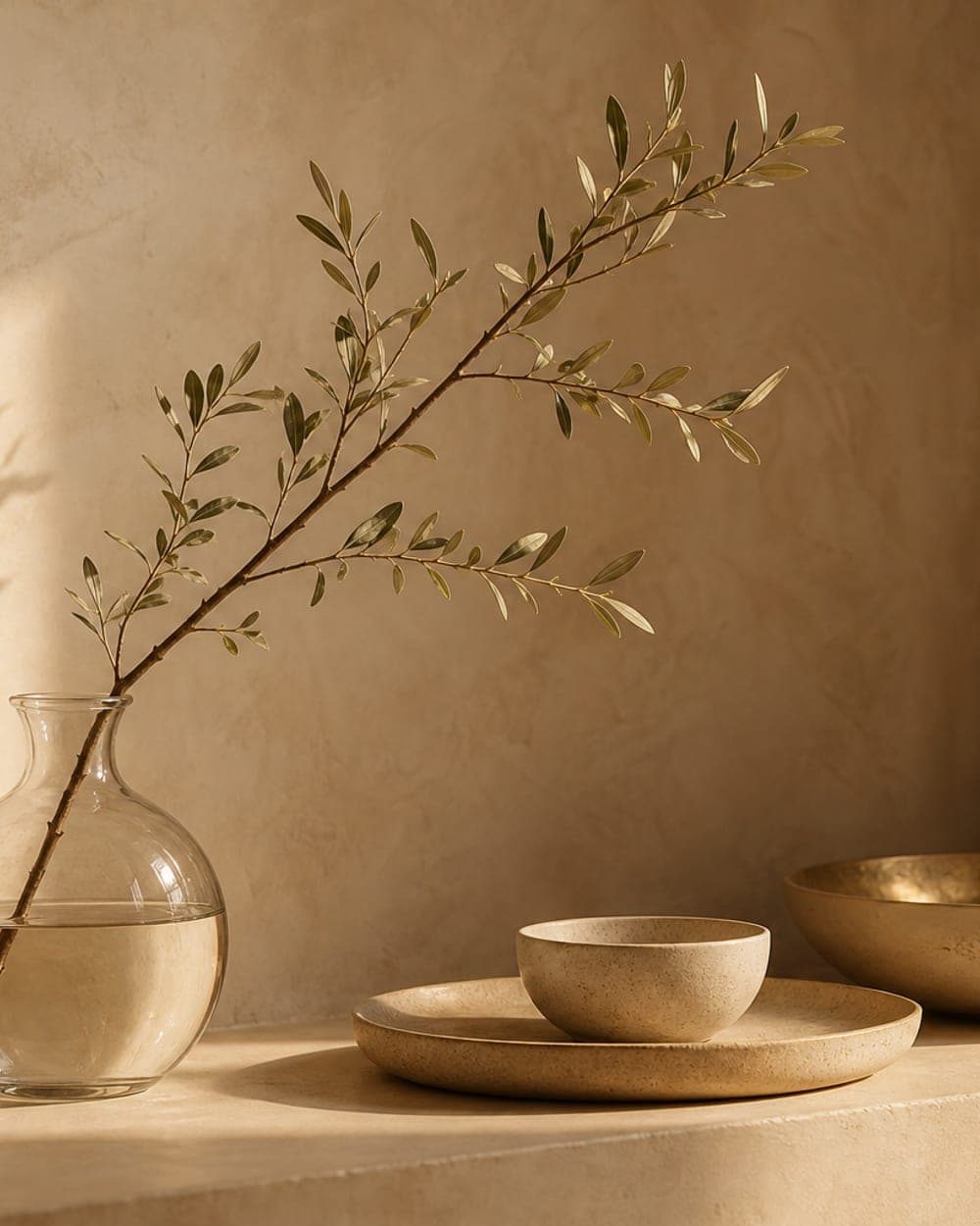 A minimalist still life — a branch in a glass vase on a warm stone surface in soft light.