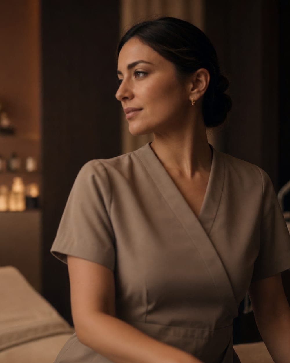 An editorial portrait of a practitioner in a softly lit, upscale aesthetic clinic.