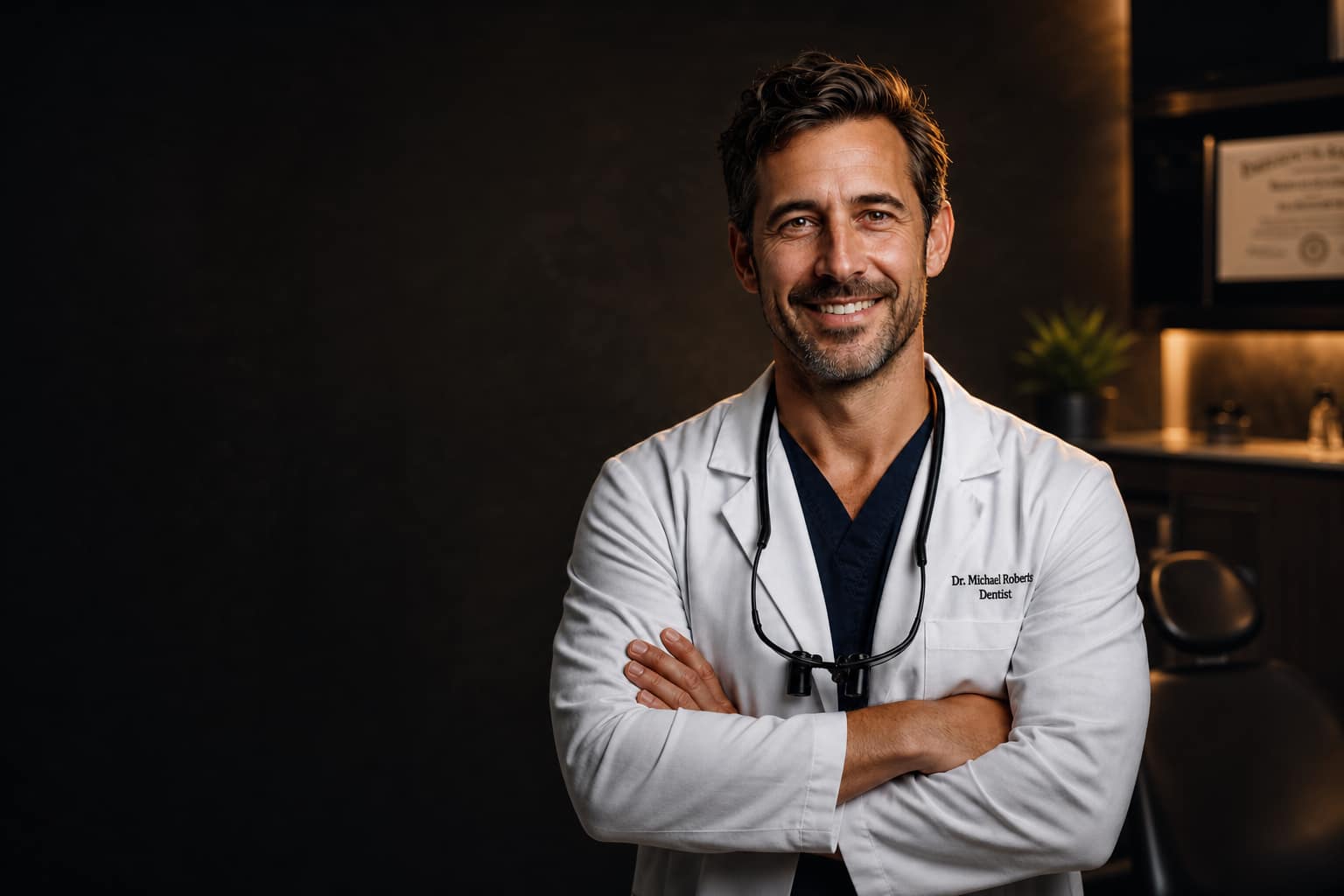 A poised board-certified dermatologist in a white coat in a clinical setting.