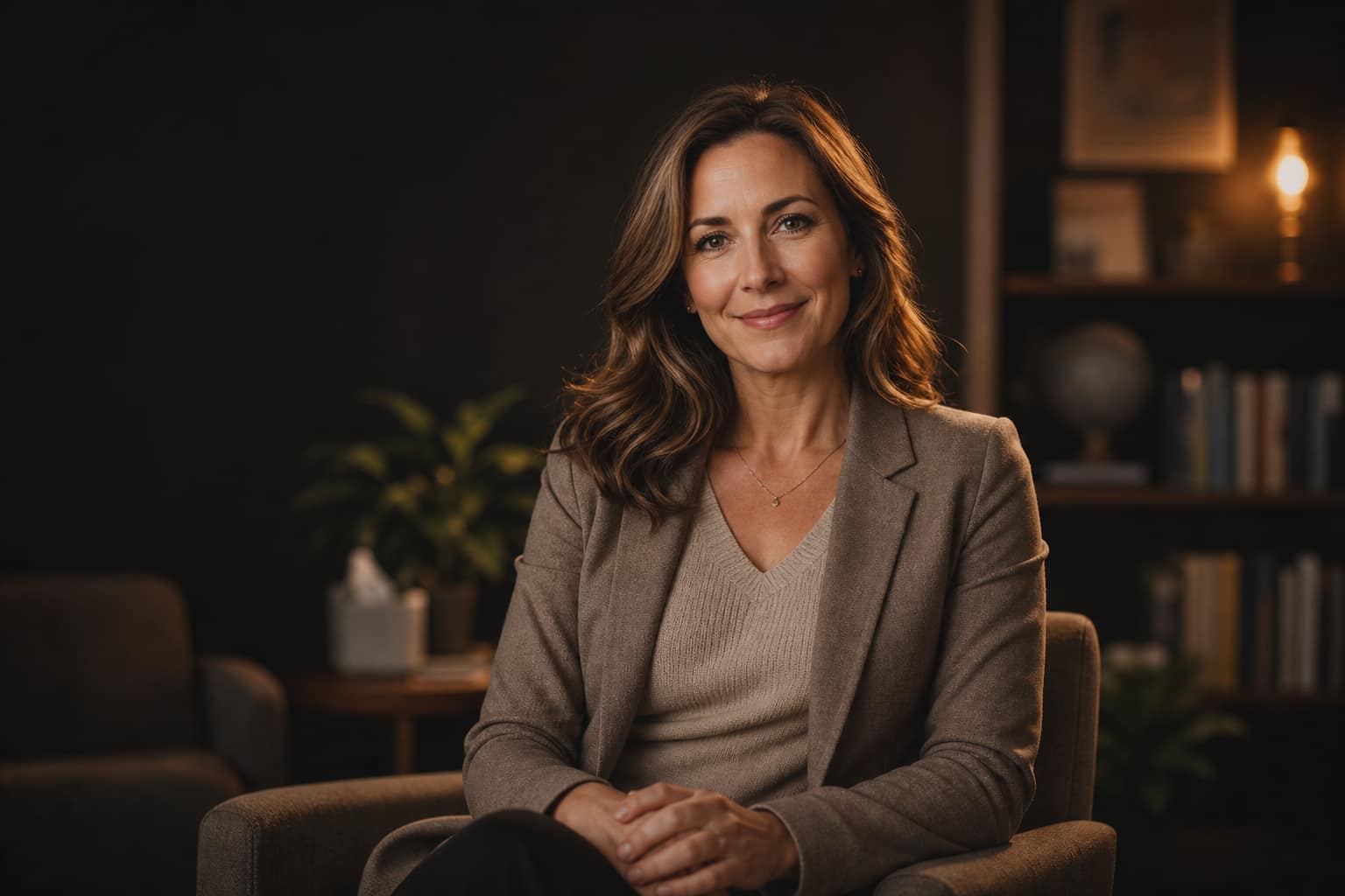 A warm, approachable female psychologist seated in a calming therapy office.