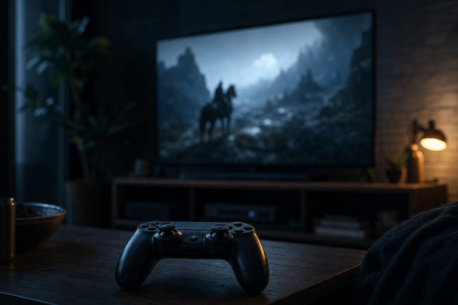 Cinematic low-lit console gaming setup, cool blue grade with a single warm accent
