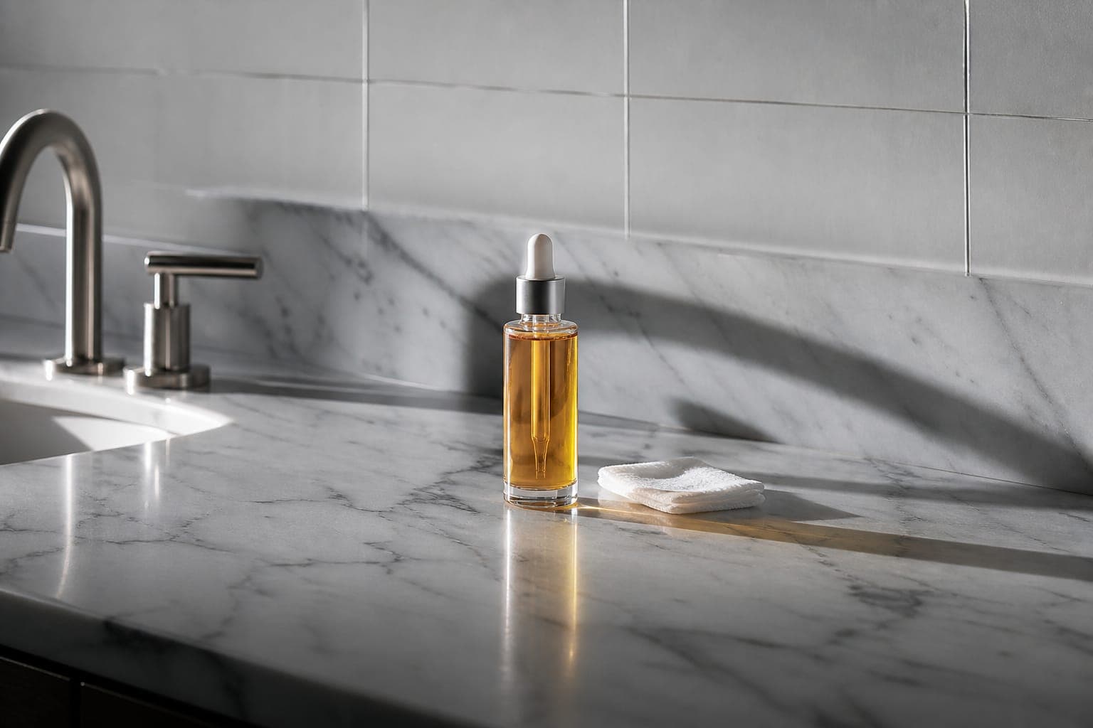 Editorial product still life, multiple SKU bottles, warm neutral palette