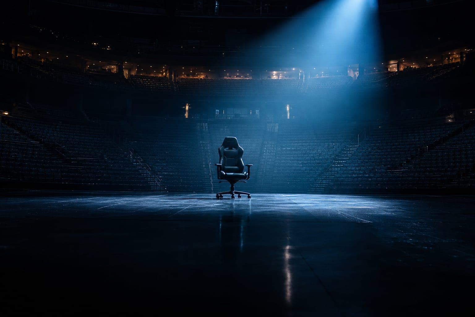 Cinematic esports arena moment, players in focus, dramatic stage lighting